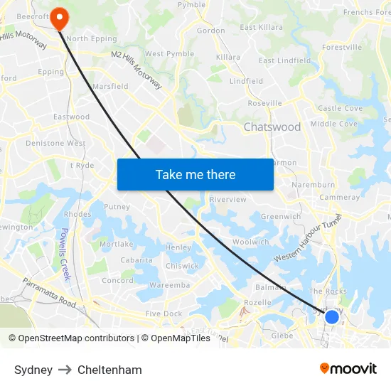 Sydney to Cheltenham map