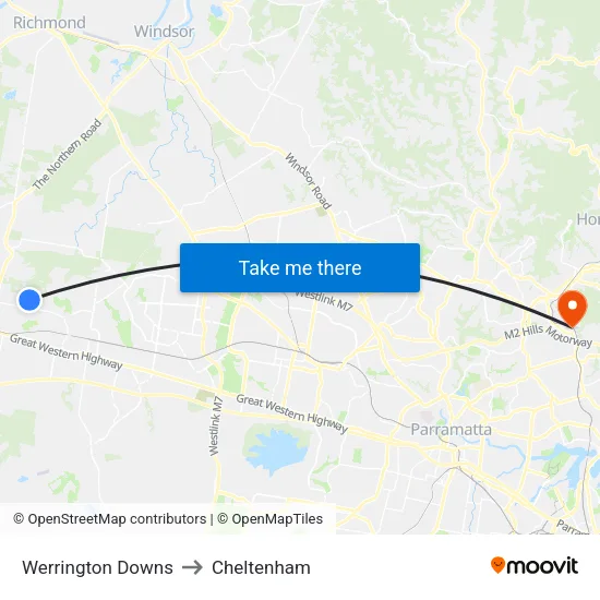 Werrington Downs to Cheltenham map