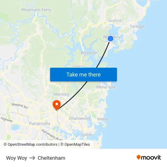 Woy Woy to Cheltenham map
