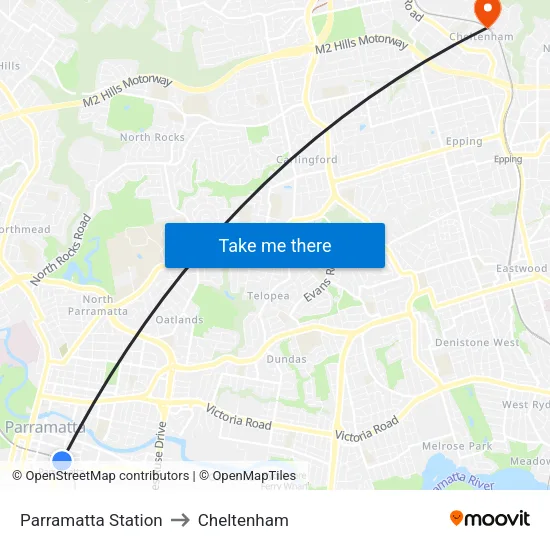 Parramatta Station to Cheltenham map