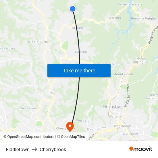 Fiddletown to Cherrybrook map