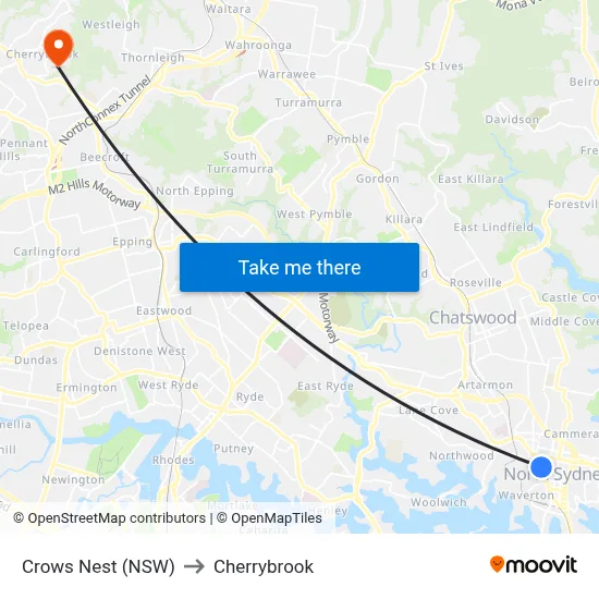Crows Nest (NSW) to Cherrybrook map