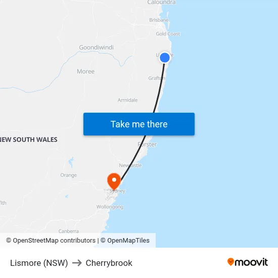 Lismore (NSW) to Cherrybrook map