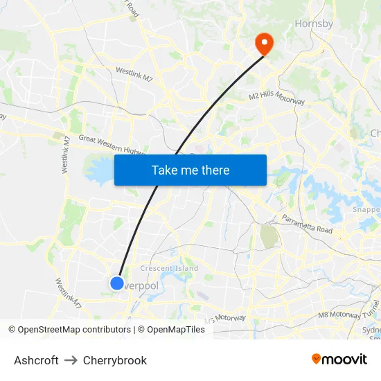 Ashcroft to Cherrybrook map