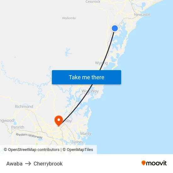 Awaba to Cherrybrook map