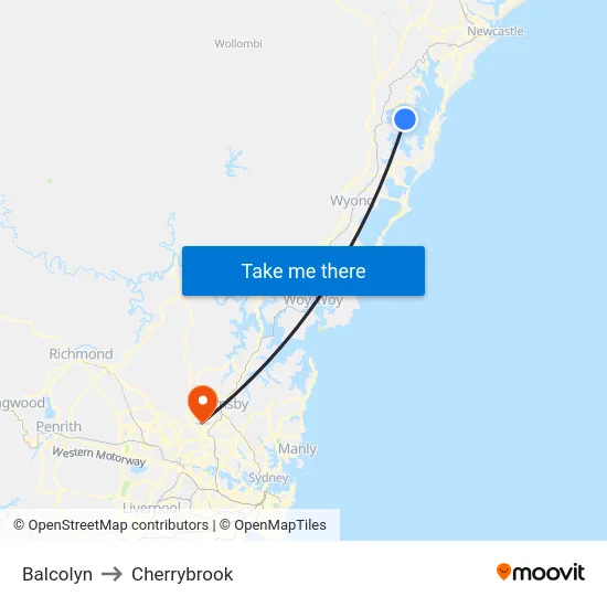 Balcolyn to Cherrybrook map