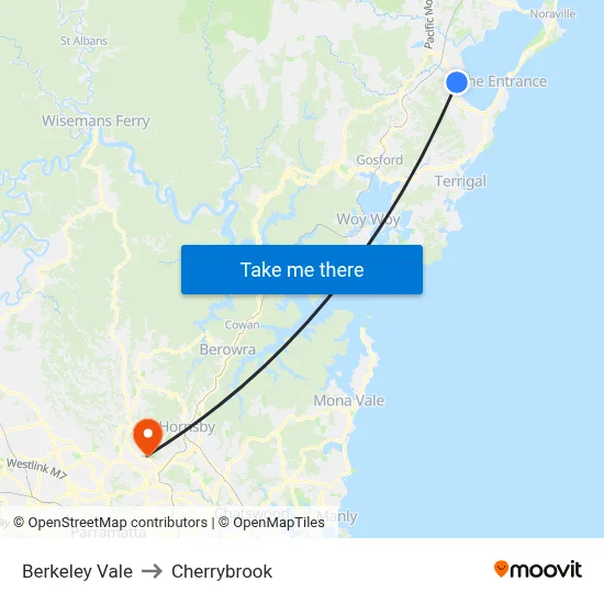 Berkeley Vale to Cherrybrook map