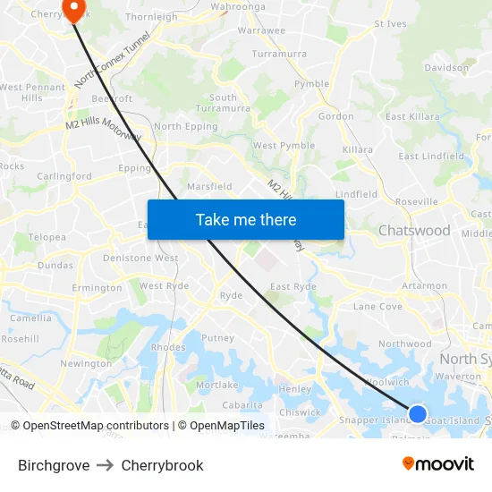 Birchgrove to Cherrybrook map