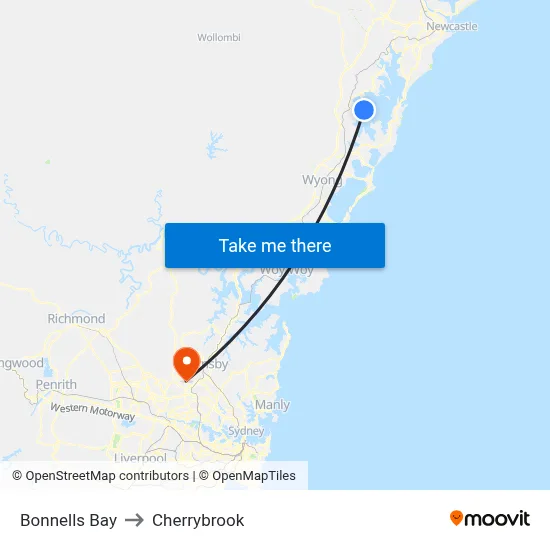 Bonnells Bay to Cherrybrook map