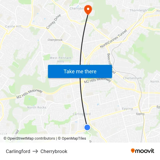 Carlingford to Cherrybrook map