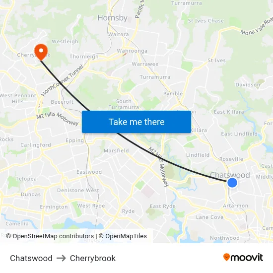 Chatswood to Cherrybrook map