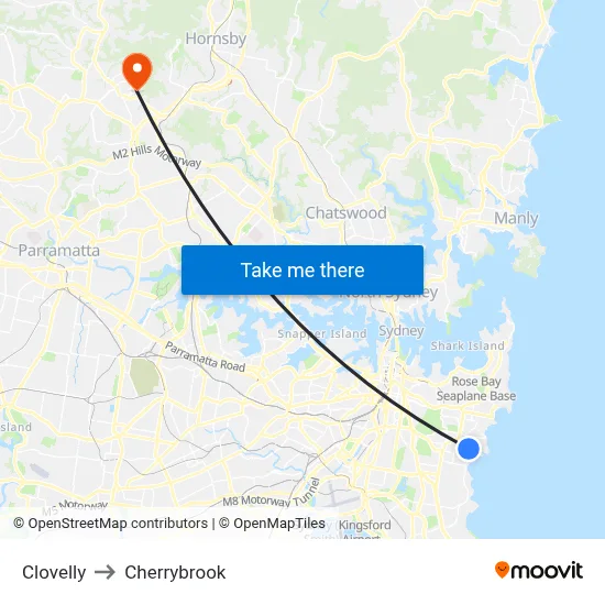 Clovelly to Cherrybrook map