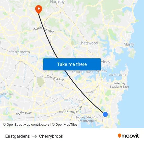 Eastgardens to Cherrybrook map