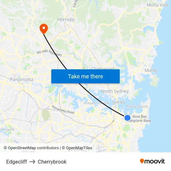 Edgecliff to Cherrybrook map