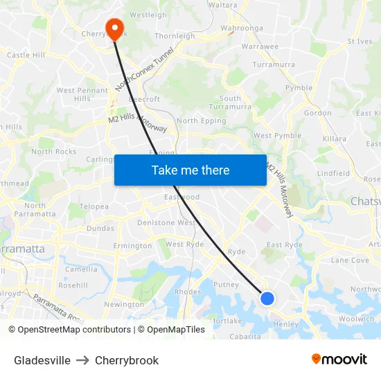 Gladesville to Cherrybrook map