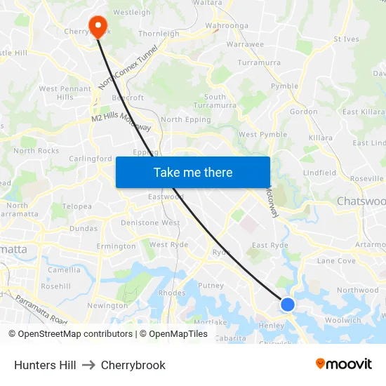Hunters Hill to Cherrybrook map