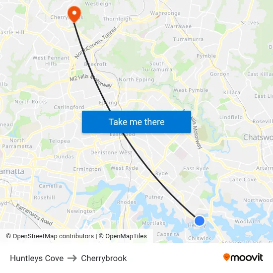 Huntleys Cove to Cherrybrook map
