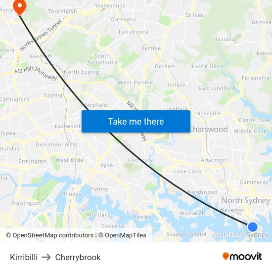 Kirribilli to Cherrybrook map