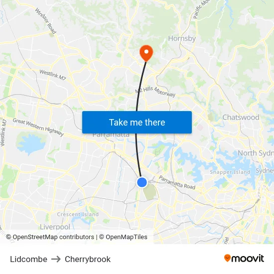Lidcombe to Cherrybrook map