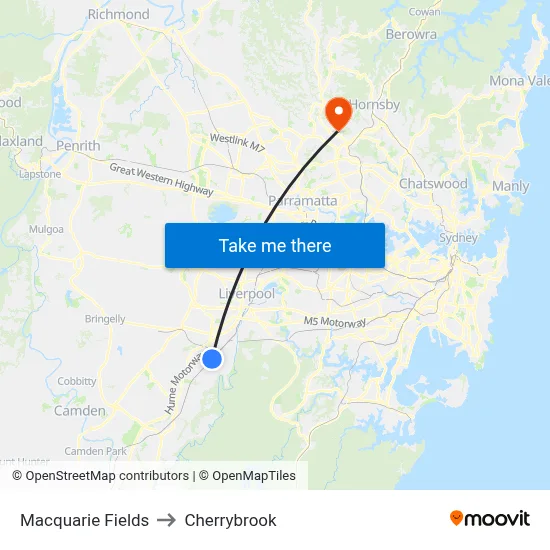 Macquarie Fields to Cherrybrook map