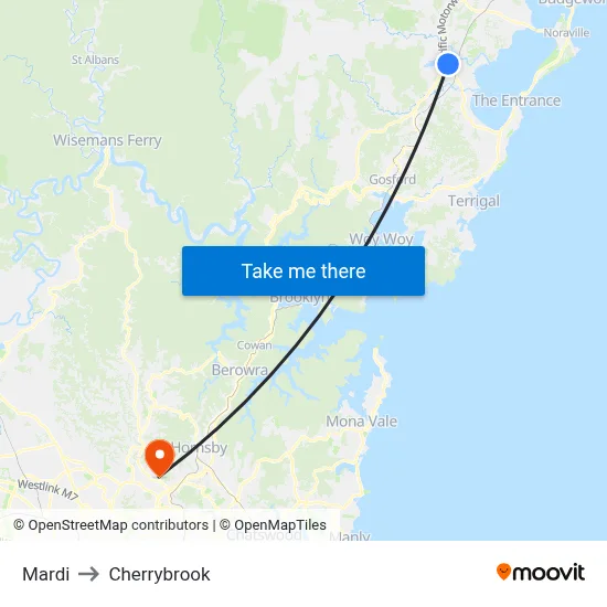 Mardi to Cherrybrook map
