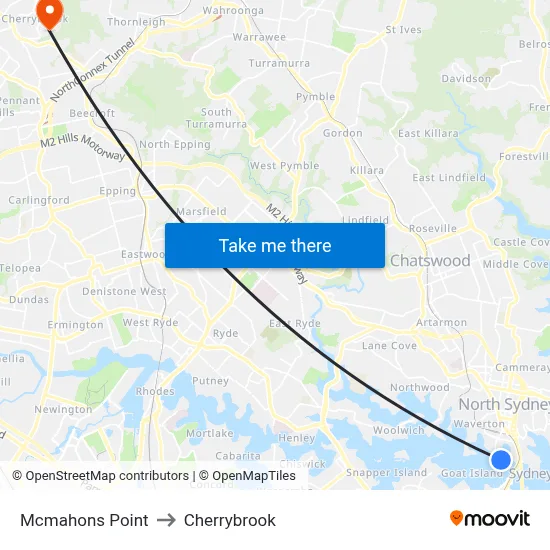 Mcmahons Point to Cherrybrook map