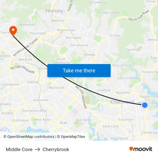 Middle Cove to Cherrybrook map