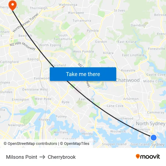 Milsons Point to Cherrybrook map
