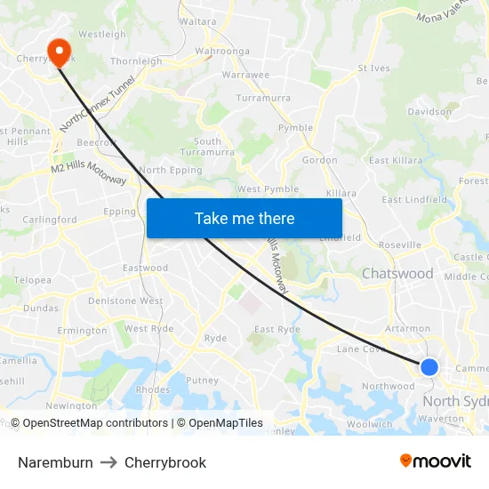 Naremburn to Cherrybrook map