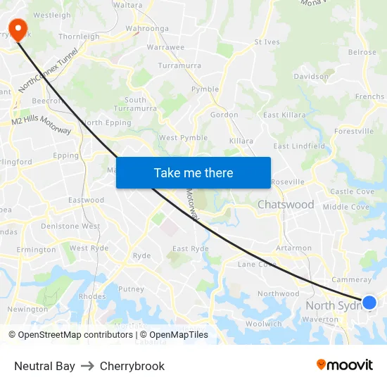 Neutral Bay to Cherrybrook map