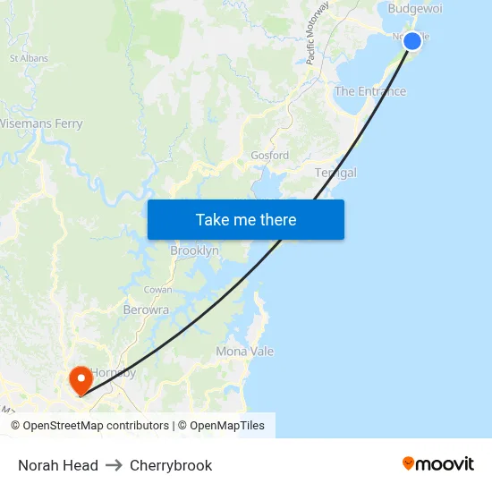 Norah Head to Cherrybrook map