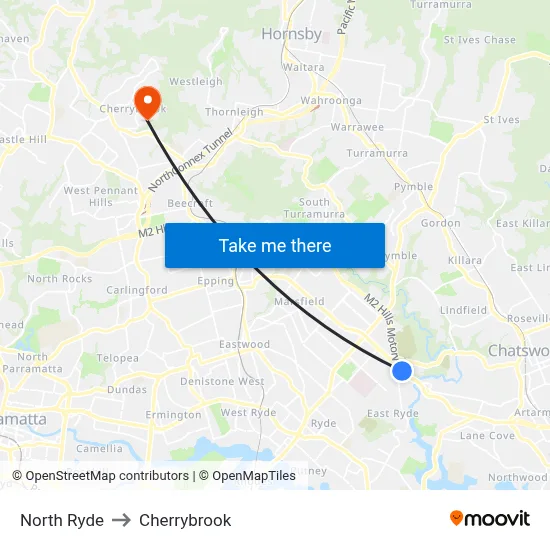 North Ryde to Cherrybrook map