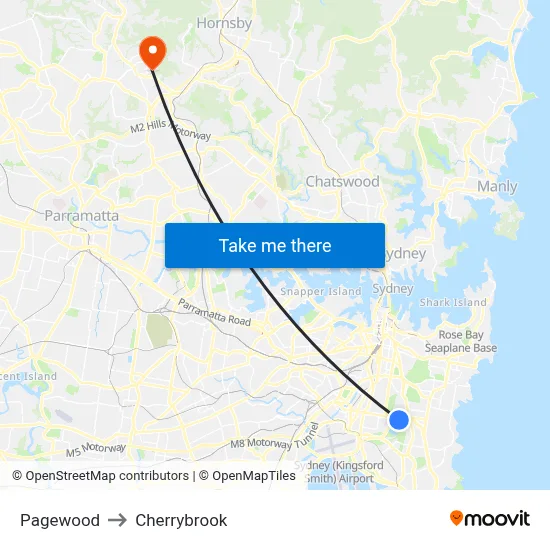 Pagewood to Cherrybrook map