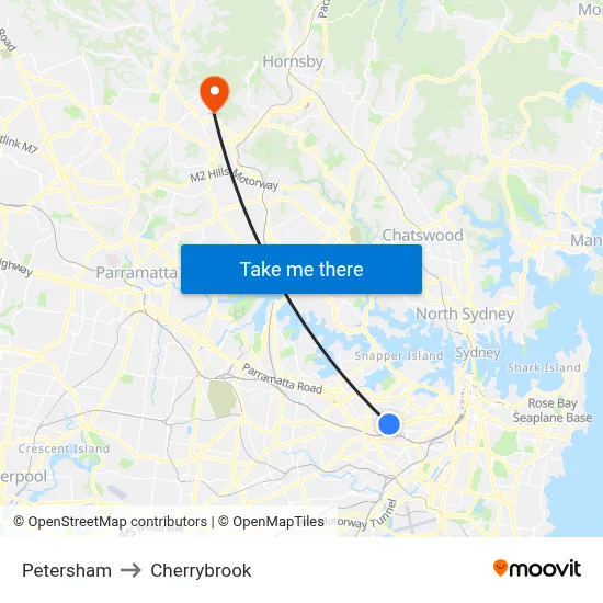 Petersham to Cherrybrook map