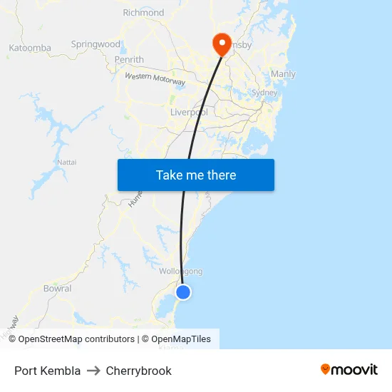 Port Kembla to Cherrybrook map
