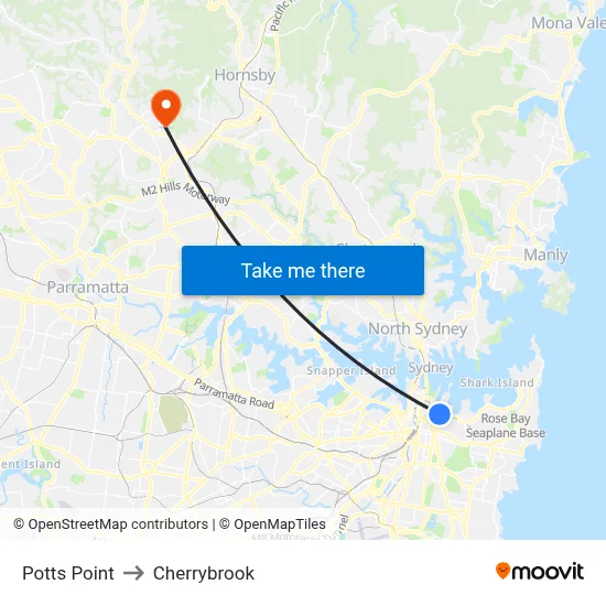 Potts Point to Cherrybrook map