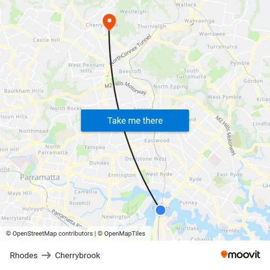 Rhodes to Cherrybrook map