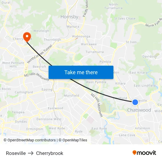 Roseville to Cherrybrook map