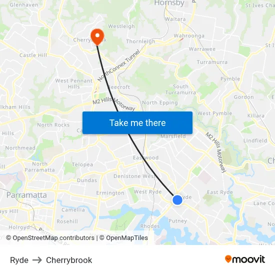 Ryde to Cherrybrook map