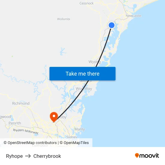 Ryhope to Cherrybrook map