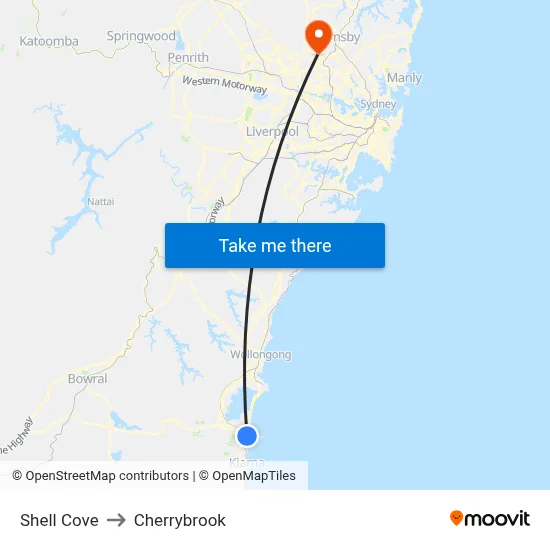Shell Cove to Cherrybrook map
