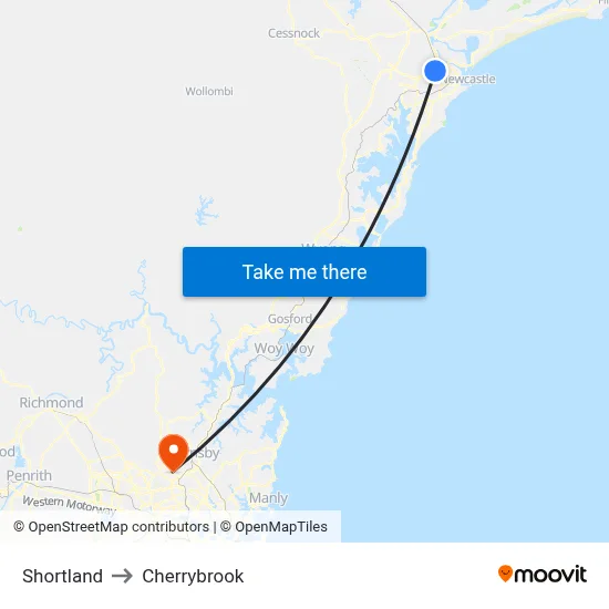 Shortland to Cherrybrook map
