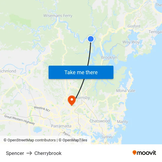 Spencer to Cherrybrook map