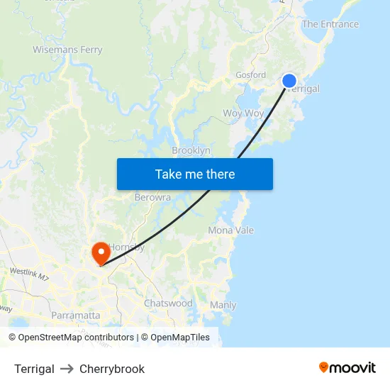 Terrigal to Cherrybrook map