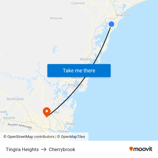 Tingira Heights to Cherrybrook map