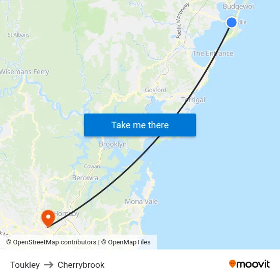 Toukley to Cherrybrook map