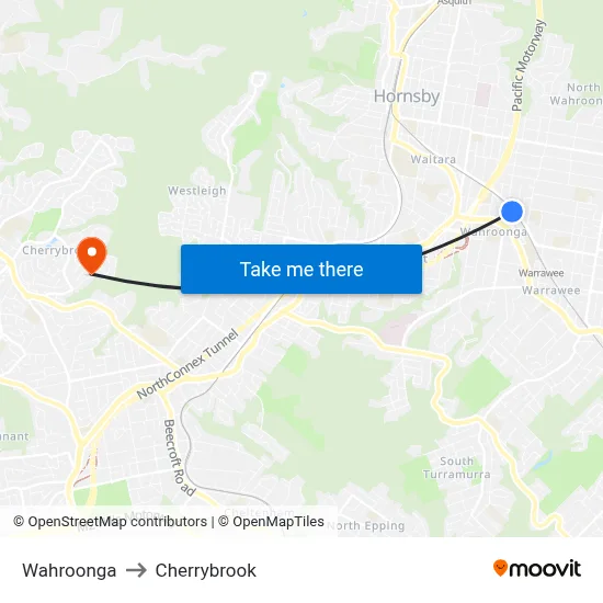 Wahroonga to Cherrybrook map