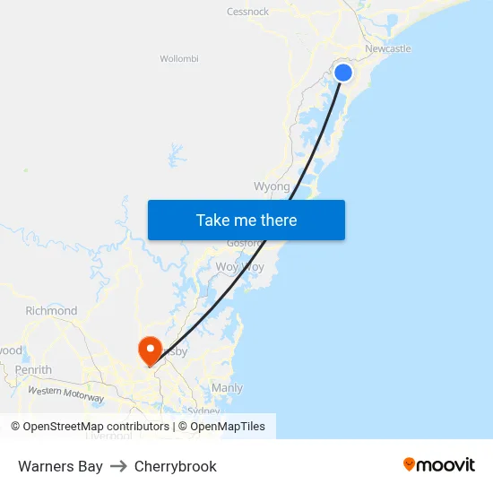 Warners Bay to Cherrybrook map
