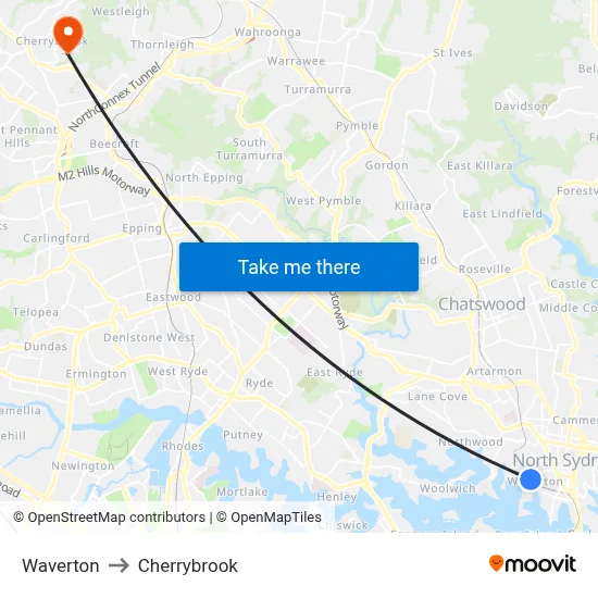 Waverton to Cherrybrook map