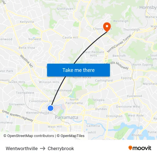 Wentworthville to Cherrybrook map